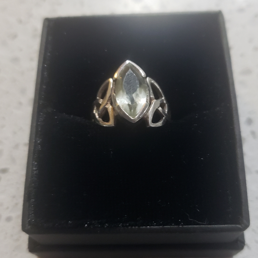 Elegant Sterling Silver Green Amethyst With Triskelion Design- Size 7